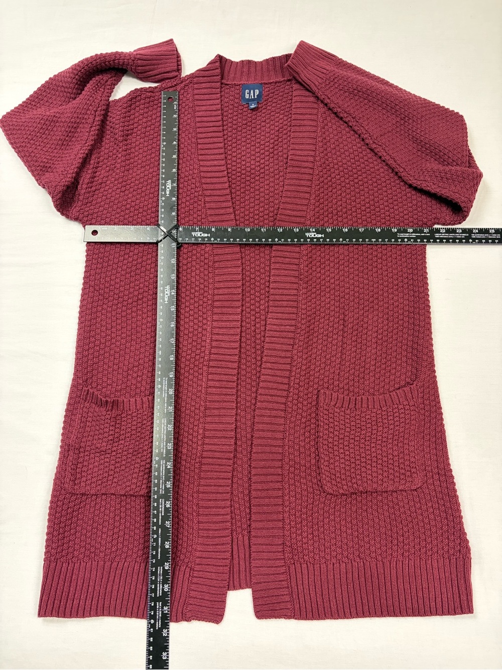 Gap Open Front Cardigan Sweater Small Burgundy Waffle Knit Long Sleeve Pockets - Picture 12 of 13